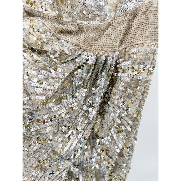 Mac Duggal 5687 Nude Silver Sequin Beaded Lace Up One Shoulder Formal Gown 8 - Picture 8 of 9